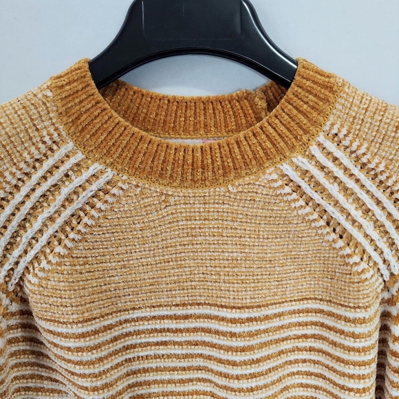 Womens Cable Knit Sweater XS Yellow Striped Round Neck Long Sleeve Stretch Soft - Picture 3 of 16